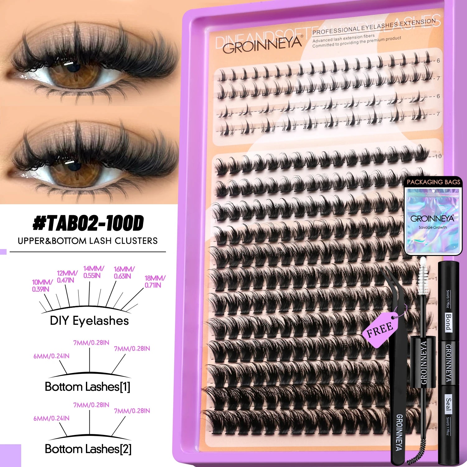 GROINNEYA Manga Lash Clusters Kit Fluffy 3D Mink Faux Cluster Lashes Kit Lashes Extension with Bond and Seal Makeup Kit